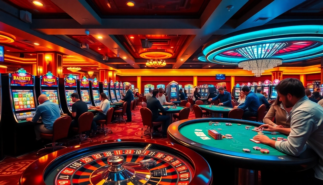 Exciting casino website showcasing players at tables with cards and chips.