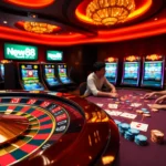 Experience the thrill of New88 asia casino with players enjoying poker and roulette in a vibrant setting.