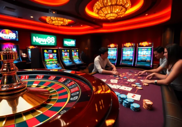 Experience the thrill of New88 asia casino with players enjoying poker and roulette in a vibrant setting.