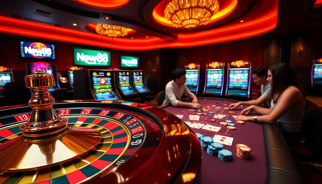 Experience the thrill of New88 asia casino with players enjoying poker and roulette in a vibrant setting.