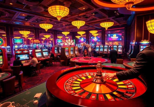 Experience the excitement of gambling on Trang chủ KP88 with vibrant casino tables, roulette wheels, and players enjoying their winnings.
